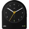 Braun Classic Analogue Alarm Clock with Snooze and Continuous Backlight, Quiet Quartz Movement, Crescendo Beep Alarm in Black, model BC22B.