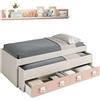 Habitdesign Dmora - Letto per bambini Fairfield, Struttura letto per cameretta, Letto singolo con lettino estraibile, 199x96h65 cm, Bianco e Rosa
