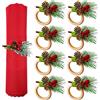 KAHEIGN 8 Pezzi Portatovaglioli di Natale, Portatovaglioli in Legno con Pigna Bacca Rossa Fiocco di Neve Rustici Tovaglioli Fibbia per Pranzo di Natale Ringraziamento Capodanno Tavolo Decorazione