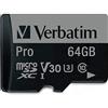 Verbatim 47042 UHS-I U3 Pro Flash Card MicroSD XC I, 64GB, Class 10, Nero