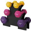 SONGMICS Set di manubri con supporto, 3 paia, 2 x 1 kg, 2 x 1,5 kg, 2 x 2 kg, superficie in vinile antiscivolo, per fitness, allenamento domestico, sollevamento pesi, giallo, rosa e viola SYL609B02