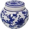 DRW Scatola rotonda in ceramica con foglie bianche e blu ø10 x 11 cm
