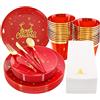 KAHEIGN 175 Pezzi Riutilizzabile Stoviglie di Natale in Plastica Rosso con Bordo Oro -25 Piatti Piani, 25 Piatti Insalata, 25 Coltelli, 25 Forchette, 25 Cucchiai, 25 Tovaglioli per 25 Ospiti Festa