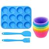 Queta Stampo antiaderente in silicone da 12 Stampi Muffin, teglia per muffin riutilizzati, con 1 spatola + 1 pennello + 12 pirottini per Muffins, Cupcake (Blu)