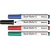 MAUL Pennarelli lavagna set 4 rosso verde blu nero punta fine | tratto preciso 1,5-2 mm, asciugatura rapida, cancellazione facile, tonalità vivaci, cappuccio con clip