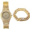 HALUKAKAH Orologio d'oro con Diamantes Iced out,Uomo Placcato Oro Reale 18k Cinturino al Quarzo 9.5,con Set di Bracciali a Catena Cubana da 8,Cz Completa Lab Diamantes,0 Pacco Regalo