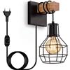 Liyabber Applique da Parete Interno in Legno Vintage, E27 Lampada da Parete Dimmerabile con Spina e Interruttore, Retro Lampada a Muro Industriale Metallo per Camera da Letto, Soggiorno, Nero (Senza Lampadina)