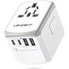 LENCENT Adattatore Universale da Viaggio, Caricatore Internazionale | 2 USB-A e 2 USB-C e Presa AC a Muro, Adattatore Spina Universale per EU USA UK AUS, Caricabatterira USB per Telefono -Bianco