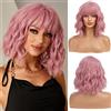 Esmee Parrucca Bob Corta Ondulata Rosa per Donna con Frangia - 12IN
