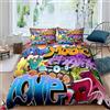 Loussiesd Graffiti Style Bedding Set Bambini Hip Hop Comforter Cover per Ragazzi Youth Illustrazione, Giovane Uomo Copripiumino Street Culture 3 Pz Doppio copriletto con cerniera