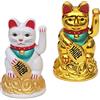 Flanacom Maneki Neko Set 2 Pezzi Giapponese Che Saluta Batteria Porta Fortuna Cinese Zampa Mobile Decorazione Scrivania Ufficio Regalo Oro Bianco