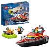 LEGO City Fire Barca di Soccorso Antincendio dei Vigili del Fuoco, Nave Giocattolo Galleggiante con Gommone di Salvataggio e Minifigure 60373