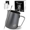 Pro@Home43® Bricco Latte professionale, Bricco per Latte in Acciaio Inox, lattiera per cappuccino 600 ml in nero antracite con penna Latte Art e confezione regalo