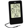 TFA Dostmann Termoigrometro digitale 30.5048.01 con ora, per interni ed esterni, con sensore di cavo impermeabile, nero, 72 x 16 (49) x 121 mm