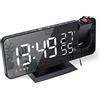 Exmate Sveglia Digitale con Proiettore,display LED a specchio da 7,5'' con FM Radio,Temperatura,Umidità,Doppio Allarme Snooze,4 Luminosità del Display,Funzione di Oscuramento Automatico (Nero)