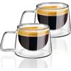 KAMEUN Tazza Caffe Vetro a Doppia Parete Set di 2, Bicchieri di Doppio Vetro 300 ml con Manico Calici da Acqua Tazze Cappuccino Trasparenti per Tè, Latte, Espresso, Birra, Succo