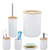 Relaxdays Set Bagno Completo, 6 Accessori, in bambù, Kit WC, Porta-Spazzolino, Dentifricio, Sapone e Saponetta, Bianco