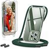 GOODVISH Cover Trasparente con Cordino per iPhone 13 Pro Max 6.7'', con 2 Pellicola Vetro Temperato, Custodia con Regolabile Laccio Tracolla, [Antiurto] [AntiGraffio] Case con Collana, Verde Scuro