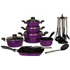 Krüger Haushaltswaren Karl Krüger - Batteria pentole e accessori in alluminio pressofuso, 17 pz, 4 pentole, 4 coperchi in vetro, 1 pentolino, 1 bistecchiera, 6 accessori da cucina con supporto, diversi colori a scelta lilla