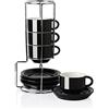 Sweejar Home Tazzine da caffè in porcellana con piattini, 70 ml, impilabili, tazze da cappuccino con supporto in metallo, per caffè, latte, tè, set da 4 (nero)