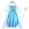 Vicloon Costume Elsa Principessa - Set 5 Pezzi con Vestito, Corona e Bacchetta per Festa di Compleanno, Cosplay, Halloween - Taglia 130