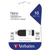 Verbatim Nano Chiavetta USB 16 GB, USB 2.0 con MicroUSB, Velocità Lettura 10 MB/s, Velocità Scrittura 3 MB/s, Nero