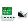 Scotch Magic Tape Nastro Adesivo Trasparente, 4 Rotoli, 19mm x 33m,Nastro Trasparente Opaco e Scrivibile & Dispenser Ricaricabile Per Nastro Adesivo Largo 19 mm e Lungo 33 m, Argento e Nero