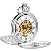ShoppeWatch Skeleton Orologio da taschino meccanico movimento della mano Vento numeri romani completa Hunter tono argento Classic Engravable - PW20
