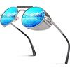 CGID E92 Polarizzate Occhiali da Sole da Uomo Donne Retro Stile Steampunk Rotondi in Metallo Argento Blu Specchiato