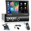 Hikity Autoradio 1 Din Carplay con Schermo Motorizzato, 7 Stereo Auto Bluetooth con Android Auto CarPlay Mirror Link Telecamera Posteriore AUX Controllo del Volante USB