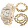 HALUKAKAH Orologio d'oro con Diamanti,Uomo Placcato Oro 18 Carati/Oro Rosa/Rodio Nero/Platino Placcato Oro Bianco 40MM Larghezza Quadrante Quadrato Quartz con Catena Cubane Collana Bracciale