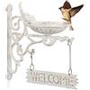 Relaxdays Abbeveratoio per Uccelli in Ghisa, Targhetta "WELCOME", Decorazione da Giardino, Montaggio a Parete, Bianco