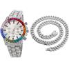 HALUKAKAH Orologio d'oro con Diamanti Multicolore,Uomo Platino Placcato Oro Bianco 40MM Larghezza Bianco Quadrante Quartz 21cm con Catena Cubane45cm Necklace,Confezione Regalo Gratuita