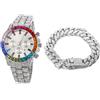 HALUKAKAH Orologio d'oro con Diamanti Multicolore,Uomo Platino Placcato Oro Bianco 40MM Larghezza Bianco Quadrante Quartz 21cm con Catena Cubane20cm Bracelet,Confezione Regalo Gratuita