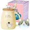 SHENDONG Tazza di gatto carino Tazza da caffè in ceramica con coperchio e cucchiaio in legno Kawaii Tazza del mattino della novità Tazze da tè al latte e caffè Tazze per gatti per amanti dei gatti Donne giallo