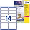 Avery Italia L7163-15 Etichette adesive in carta bianca, 15 fogli A4, rettangolari 99,1x38,1mm, 14 etichette per foglio, adesivo permanente, stampanti laser