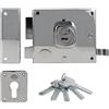 Amig - Serratura da sovrapposizione a sinistra con leva di chiusura, linguetta e maniglia per porte in legno mod. 73, 100 x 85 mm, Chiusura con cilindro Europrofilo, Acciaio Argento