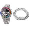 HALUKAKAH Orologio d'oro con Diamanti Multicolore,Uomo Platino Placcato Oro Bianco 40MM Larghezza Nero Quadrante Quartz 21cm con Catena Cubane20cm Bracelet,Confezione Regalo Gratuita