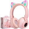 JYPS Cuffie Bluetooth con orecchie di gatto con LED, senza fili, pieghevoli, cuffie Over Ear circumaurali, con microfono, per Tablet Amazon Fire/Laptop/iPad (colore rosa)