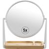 DRW Specchio rotondo con base 5 ingrandimenti in metallo e legno bianco e naturale 18 cm