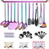 Kyraton Set di utensili da cucina arcobaleno, set di utensili da cucina in acciaio inossidabile 37 pezzi con placcatura arcobaleno in titanio, set di utensili da cucina con portautensili.