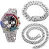 HALUKAKAH Orologio d'oro con Diamanti Multicolore,Uomo Platino Placcato Oro Bianco 40MM Larghezza Nero Quadrante Quartz 21cm con Catena Cubane20+45cm Collana Bracciale,Confezione Regalo Gratuita