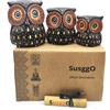 SusggO - Set di 3 gufi in legno, decorazione, intagliati a mano, gufo portafortuna, idea artistica, decorazione per mobili (Marrone Pois Mod 4)