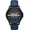 Armani Exchange Orologio da uomo a tre lancette, cassa in acciaio inossidabile blu, 46 mm con cinturino in pelle, AX2442