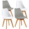 EGGREE - Set di 4 sedie da pranzo, stile scandinavo, con gambe in legno massello di faggio e imbottitura in pelle sintetica di poliuretano, colore: bianco e grigio