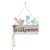 COM-FOUR® Targhetta per porta Willkommen in legno con cordoncino decorativo per porta, con decorazione di Pasqua per la porta d'ingresso (01 pezzo - uccello e fiore)