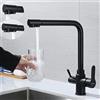 SkyPanda Rubinetto cucina a 3 vie, rubinetto acqua potabile con doppia leva, Osmosi penetrazione 3 in 1, miscelatore rotante a 360°, con 2 uscite, acciaio inox SUS304, Nero Opaco