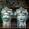 CERAMICHE CALTAGIRONE Teste di moro in ceramica Siciliana Caltagirone Donna-Uomo Blu Antico H. 27 cm