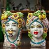 CERAMICHE CALTAGIRONE Teste di moro Siciliane in ceramica di Caltagirone Donna-Uomo Decoro Frutta H. 28 cm