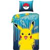 Halantex - Set di biancheria da letto, grafica di colore giallo e blu con Picachu dei Pokémon, set da 2 pezzi, copripiumino 140 x 200 cm e 1 federa, 100% cotone Oeko-Tex